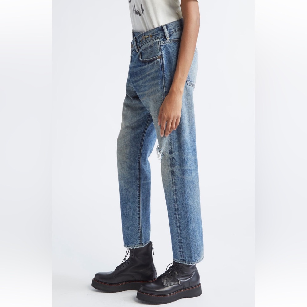 R13 Women's Straight Leg Distressed Jeans in Light Blue Wash - Picture 4 of 14